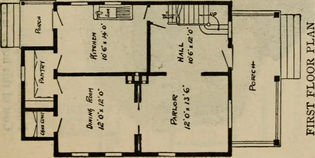 An illustration from Practical bungalows and cottages for town and country, perspective views and floor plans for three hundred low and medium priced houses and bungalows .., 1916, leaf 38