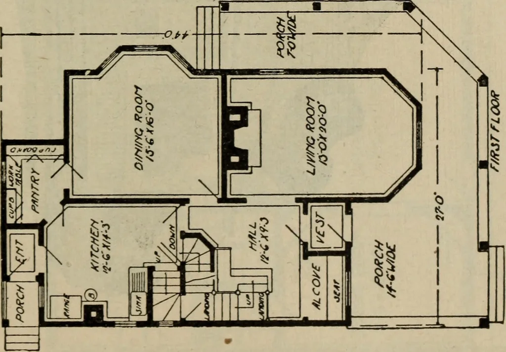An illustration from Practical bungalows and cottages for town and country, perspective views and floor plans for three hundred low and medium priced houses and bungalows .., 1916, leaf 380