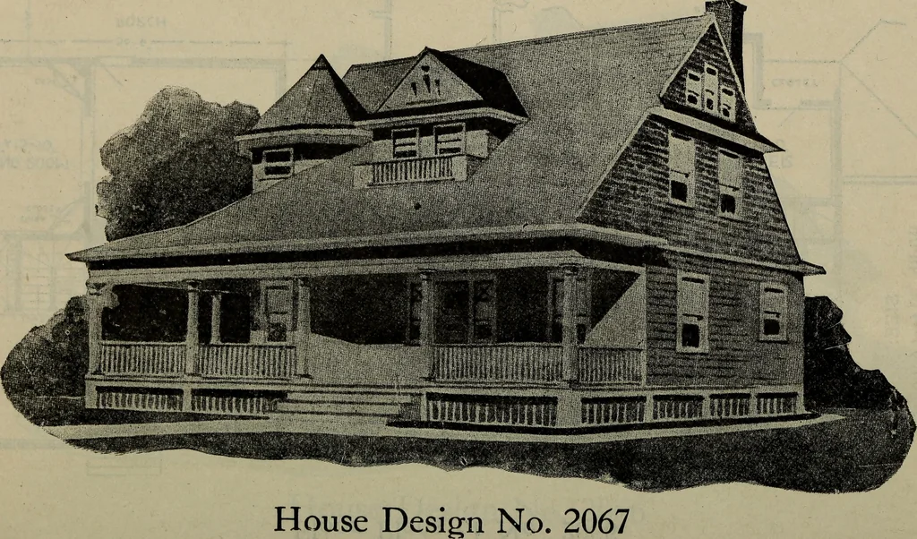 An illustration from Practical bungalows and cottages for town and country, perspective views and floor plans for three hundred low and medium priced houses and bungalows .., 1916, leaf 383