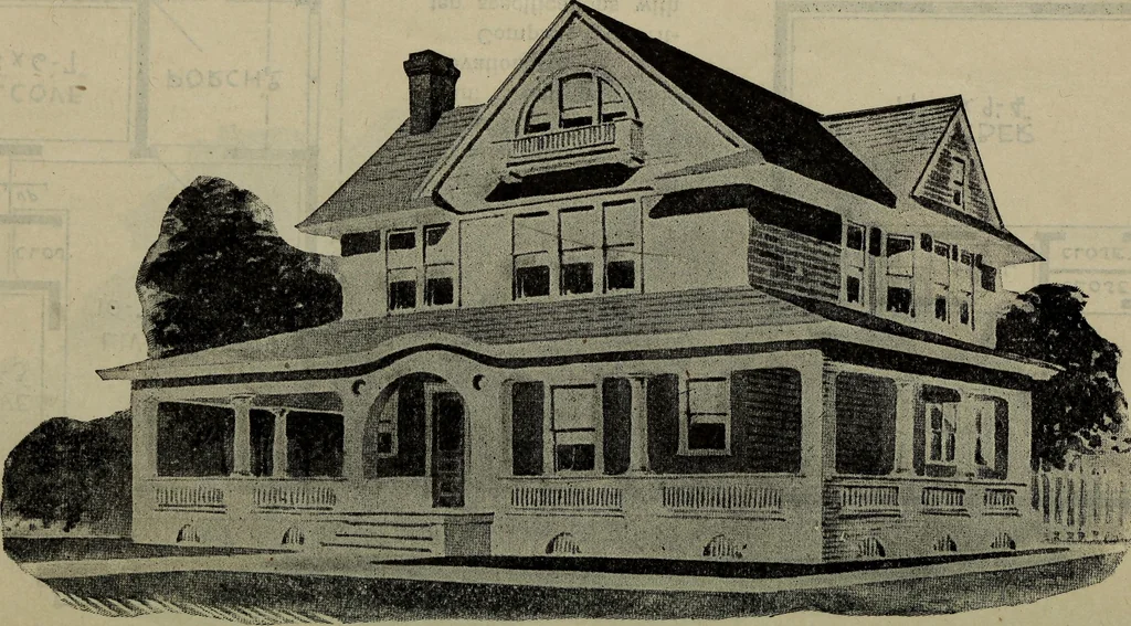 An illustration from Practical bungalows and cottages for town and country, perspective views and floor plans for three hundred low and medium priced houses and bungalows .., 1916, leaf 387