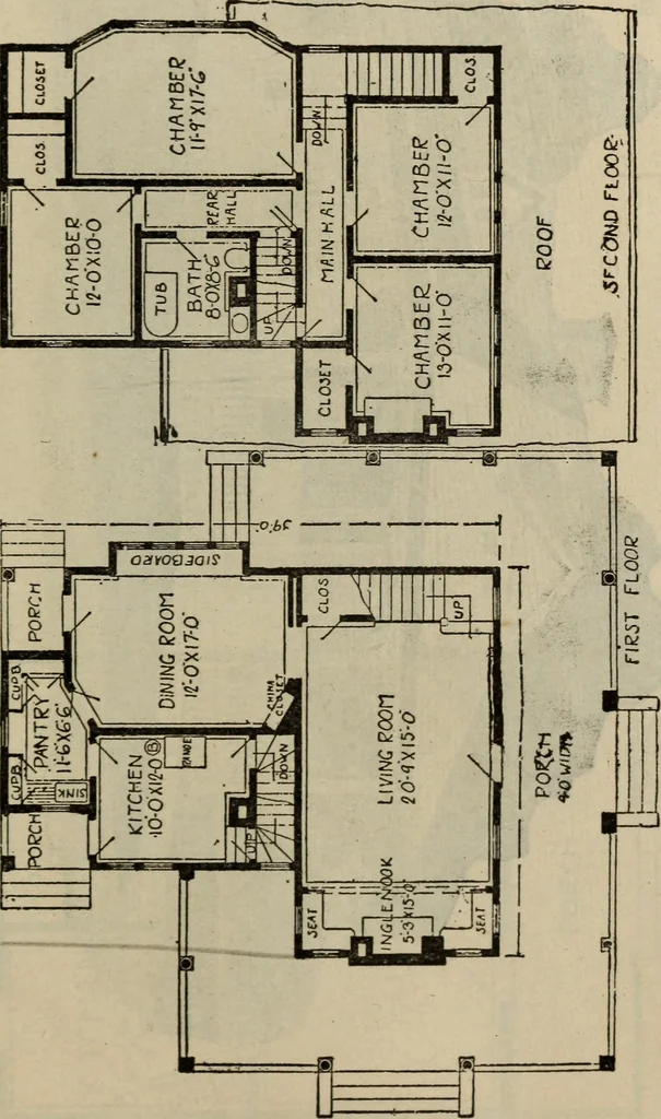 An illustration from Practical bungalows and cottages for town and country, perspective views and floor plans for three hundred low and medium priced houses and bungalows .., 1916, leaf 388