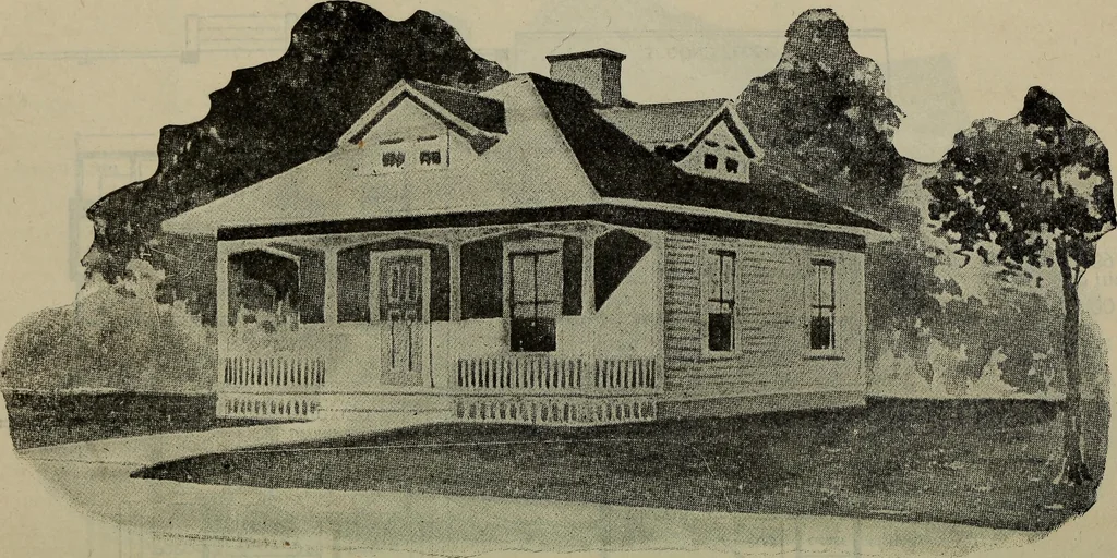An illustration from Practical bungalows and cottages for town and country, perspective views and floor plans for three hundred low and medium priced houses and bungalows .., 1916, leaf 389