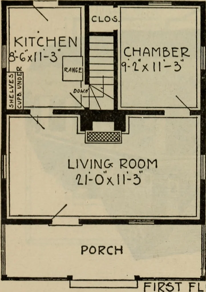 An illustration from Practical bungalows and cottages for town and country, perspective views and floor plans for three hundred low and medium priced houses and bungalows .., 1916, leaf 390