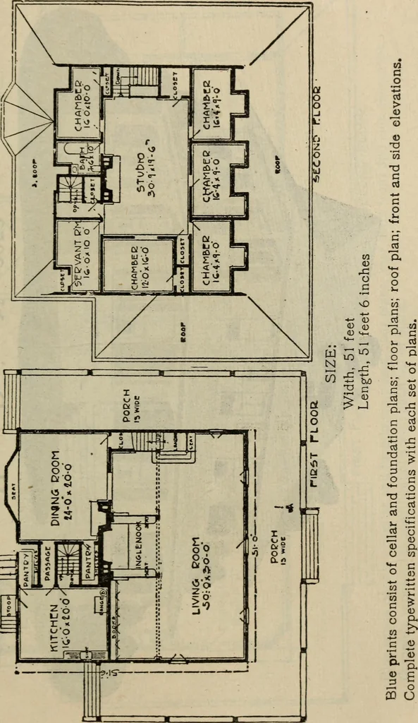 An illustration from Practical bungalows and cottages for town and country, perspective views and floor plans for three hundred low and medium priced houses and bungalows .., 1916, leaf 392