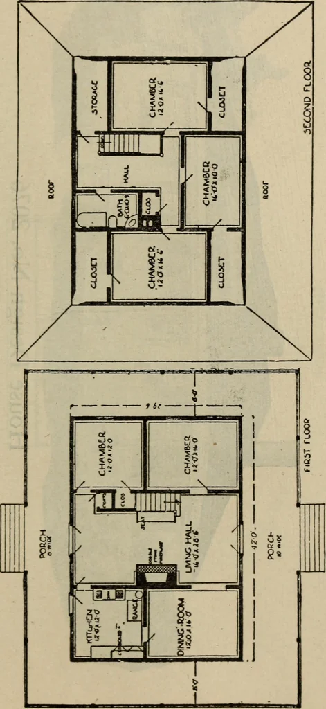 An illustration from Practical bungalows and cottages for town and country, perspective views and floor plans for three hundred low and medium priced houses and bungalows .., 1916, leaf 396