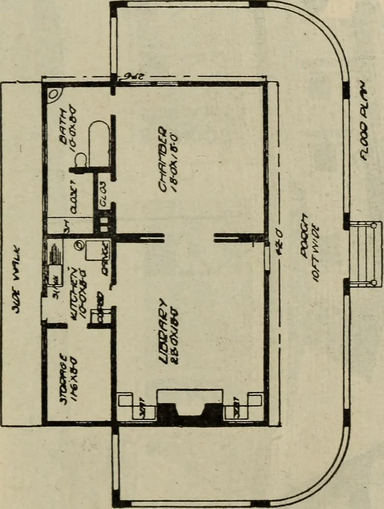 An illustration from Practical bungalows and cottages for town and country, perspective views and floor plans for three hundred low and medium priced houses and bungalows .., 1916, leaf 398