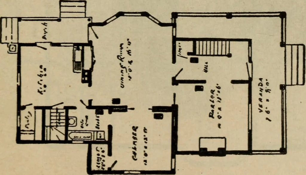 An illustration from Practical bungalows and cottages for town and country, perspective views and floor plans for three hundred low and medium priced houses and bungalows .., 1916, leaf 40