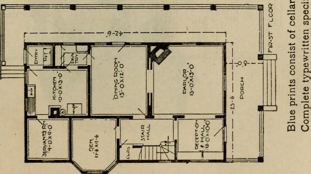An illustration from Practical bungalows and cottages for town and country, perspective views and floor plans for three hundred low and medium priced houses and bungalows .., 1916, leaf 404