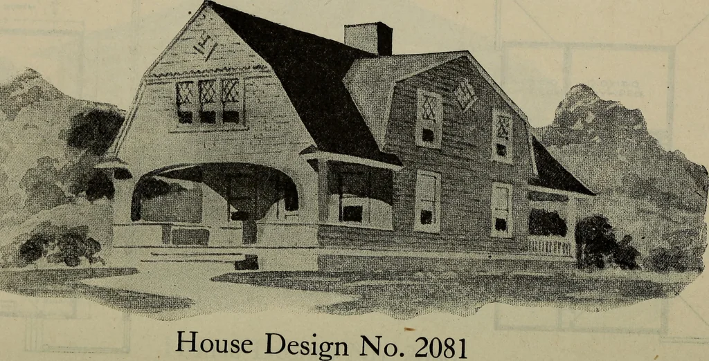 An illustration from Practical bungalows and cottages for town and country, perspective views and floor plans for three hundred low and medium priced houses and bungalows .., 1916, leaf 405