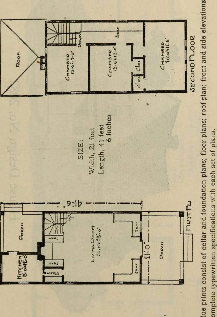 An illustration from Practical bungalows and cottages for town and country, perspective views and floor plans for three hundred low and medium priced houses and bungalows .., 1916, leaf 406