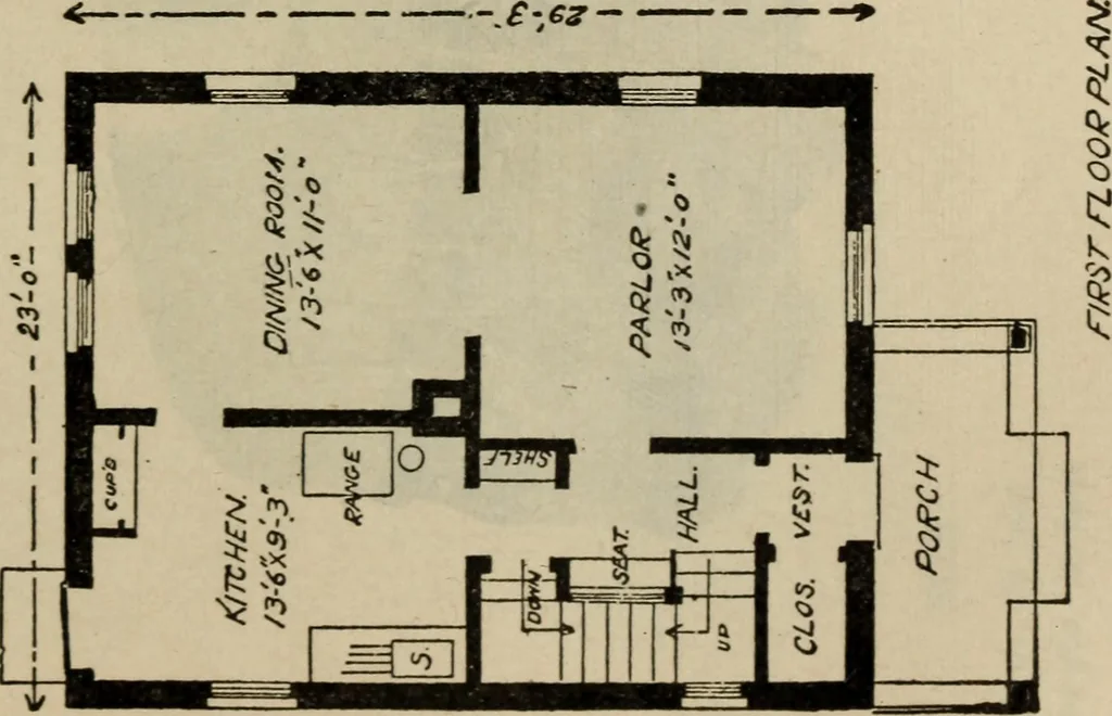 An illustration from Practical bungalows and cottages for town and country, perspective views and floor plans for three hundred low and medium priced houses and bungalows .., 1916, leaf 408