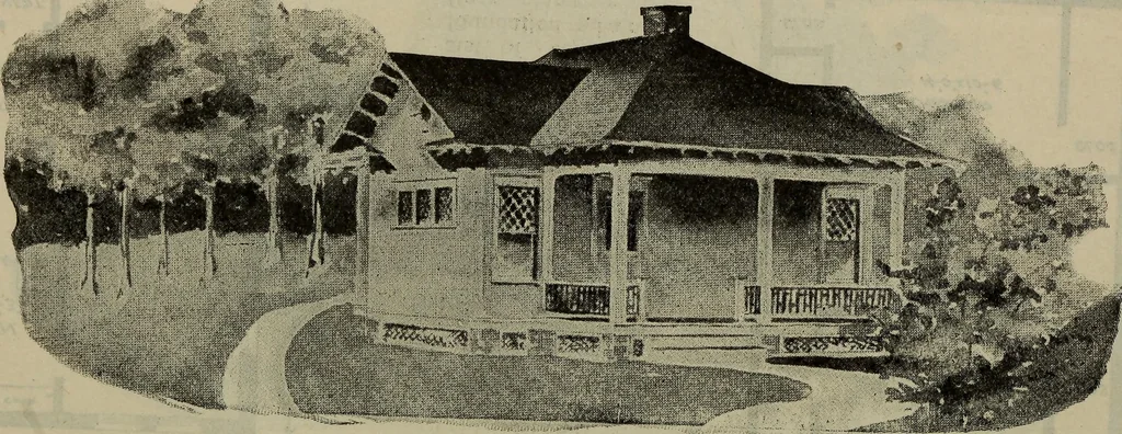 An illustration from Practical bungalows and cottages for town and country, perspective views and floor plans for three hundred low and medium priced houses and bungalows .., 1916, leaf 409