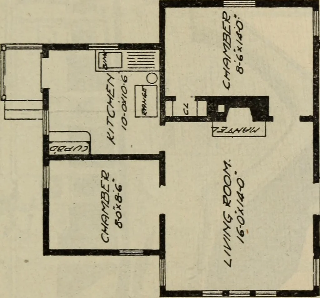 An illustration from Practical bungalows and cottages for town and country, perspective views and floor plans for three hundred low and medium priced houses and bungalows .., 1916, leaf 410