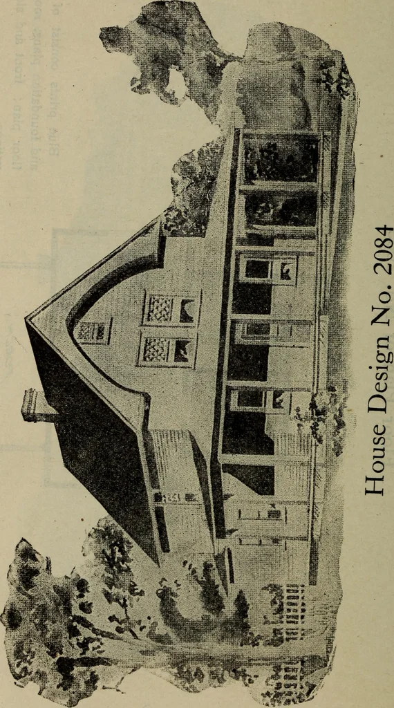 An illustration from Practical bungalows and cottages for town and country, perspective views and floor plans for three hundred low and medium priced houses and bungalows .., 1916, leaf 411