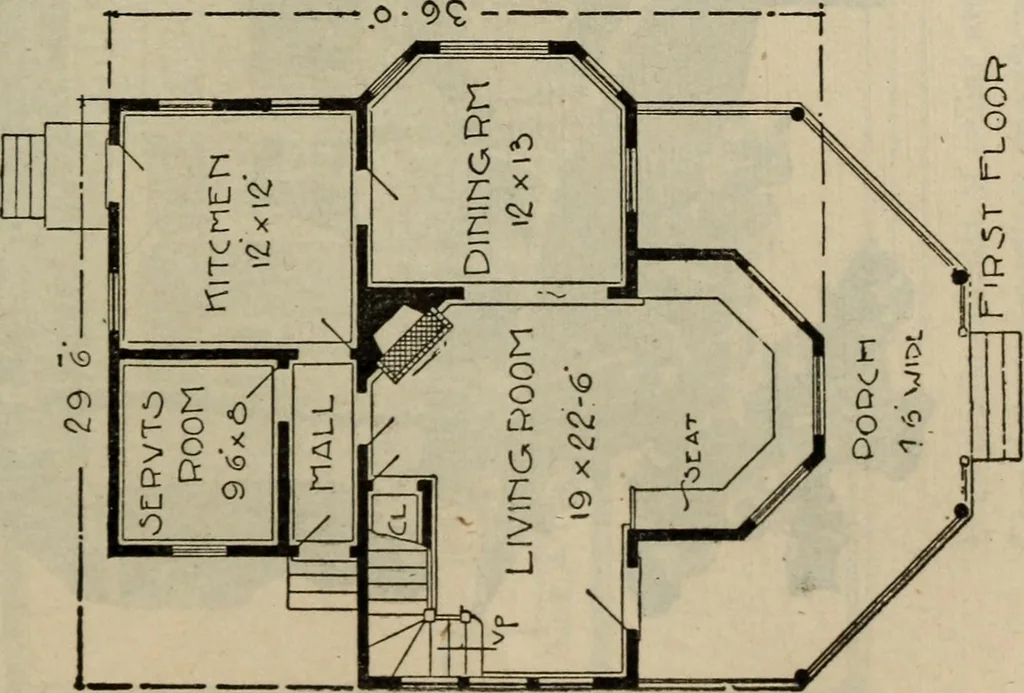 An illustration from Practical bungalows and cottages for town and country, perspective views and floor plans for three hundred low and medium priced houses and bungalows .., 1916, leaf 416