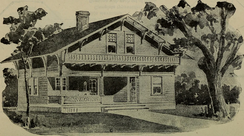 An illustration from Practical bungalows and cottages for town and country, perspective views and floor plans for three hundred low and medium priced houses and bungalows .., 1916, leaf 417