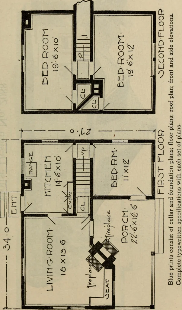 An illustration from Practical bungalows and cottages for town and country, perspective views and floor plans for three hundred low and medium priced houses and bungalows .., 1916, leaf 418