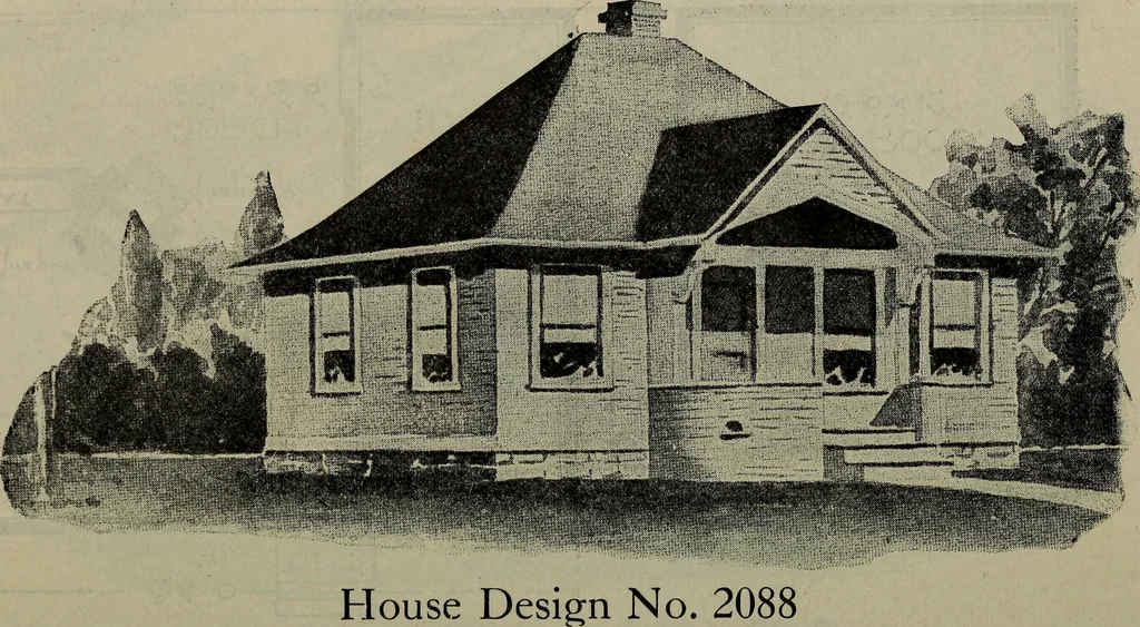 An illustration from Practical bungalows and cottages for town and country, perspective views and floor plans for three hundred low and medium priced houses and bungalows .., 1916, leaf 419