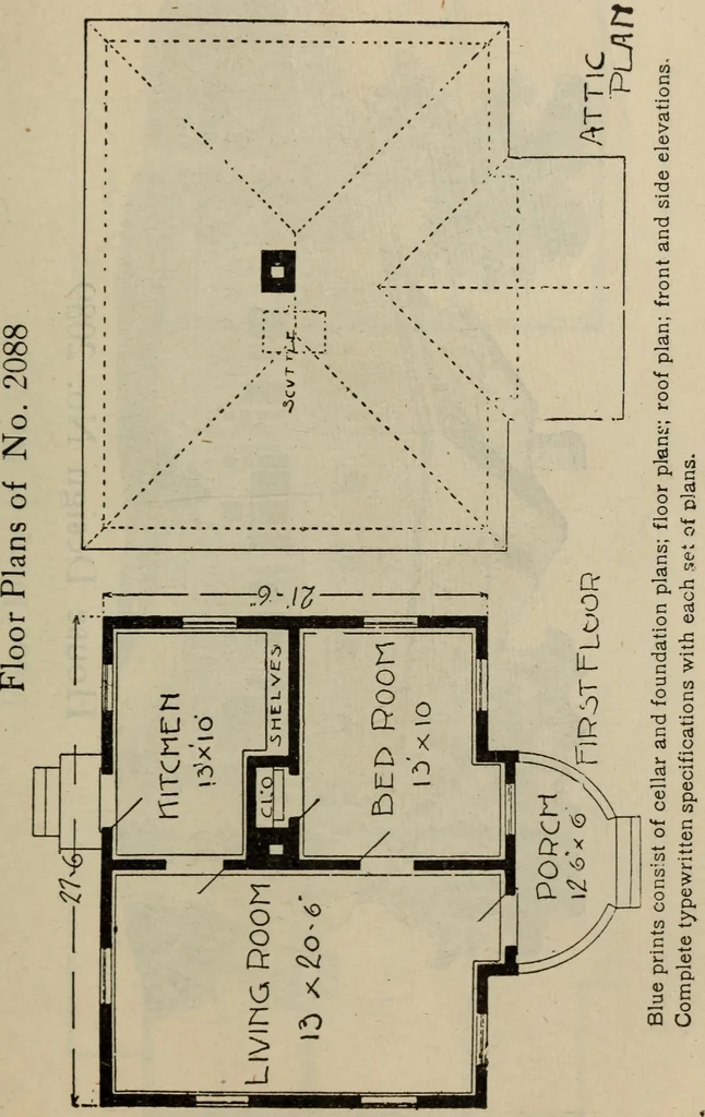 An illustration from Practical bungalows and cottages for town and country, perspective views and floor plans for three hundred low and medium priced houses and bungalows .., 1916, leaf 420