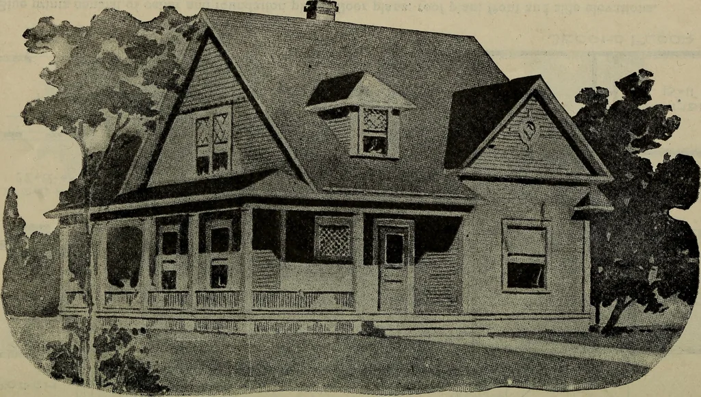 An illustration from Practical bungalows and cottages for town and country, perspective views and floor plans for three hundred low and medium priced houses and bungalows .., 1916, leaf 423