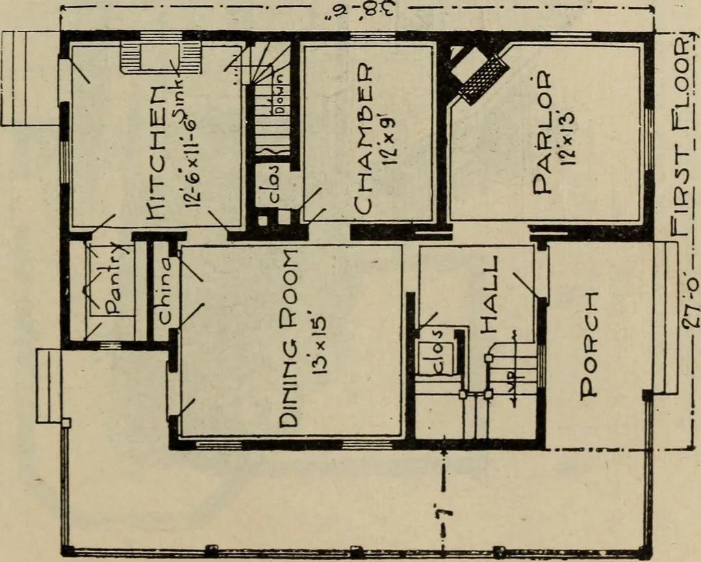 An illustration from Practical bungalows and cottages for town and country, perspective views and floor plans for three hundred low and medium priced houses and bungalows .., 1916, leaf 424