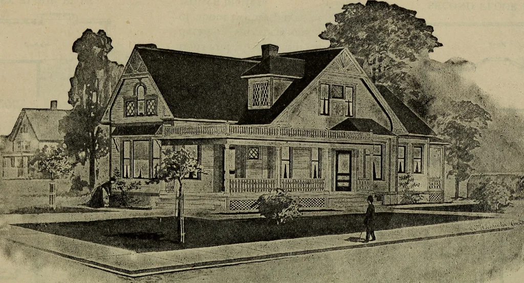 An illustration from Practical bungalows and cottages for town and country, perspective views and floor plans for three hundred low and medium priced houses and bungalows .., 1916, leaf 43