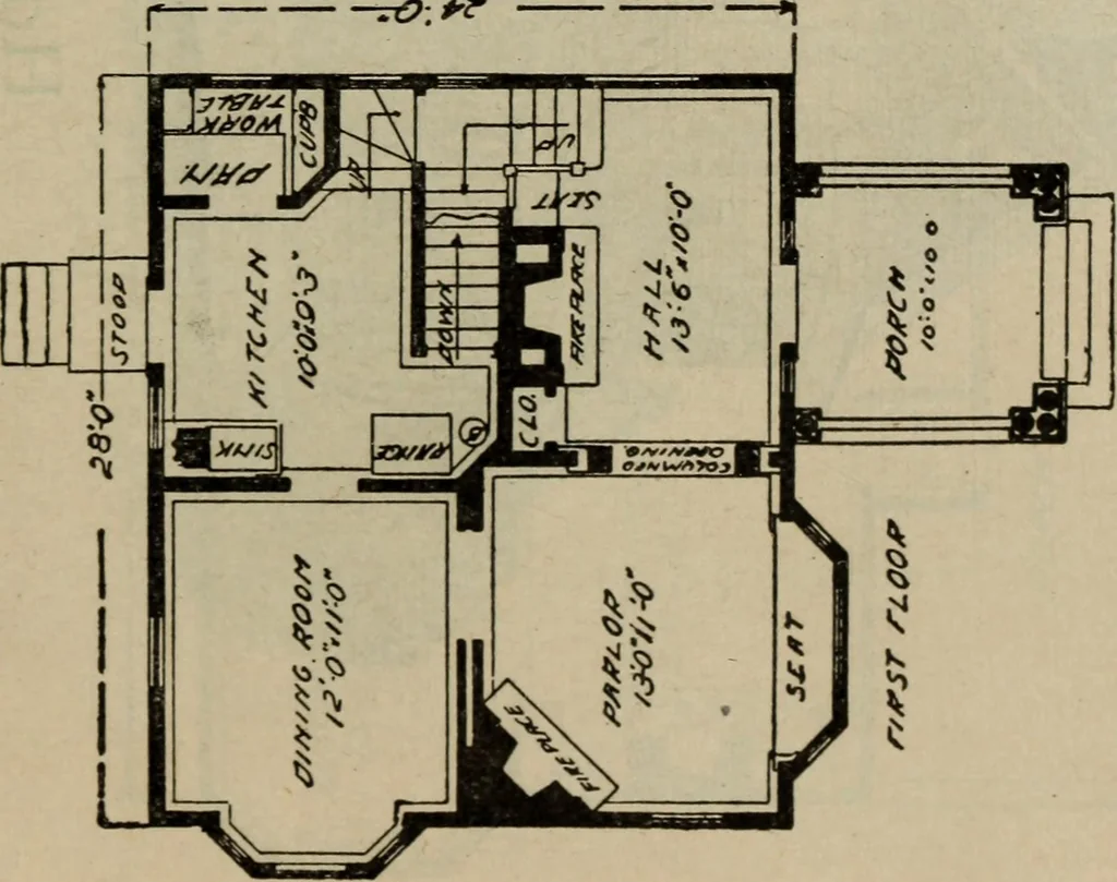 An illustration from Practical bungalows and cottages for town and country, perspective views and floor plans for three hundred low and medium priced houses and bungalows .., 1916, leaf 430
