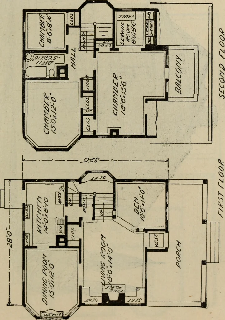 An illustration from Practical bungalows and cottages for town and country, perspective views and floor plans for three hundred low and medium priced houses and bungalows .., 1916, leaf 432