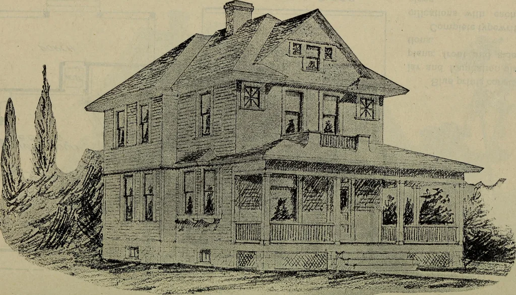 An illustration from Practical bungalows and cottages for town and country, perspective views and floor plans for three hundred low and medium priced houses and bungalows .., 1916, leaf 433