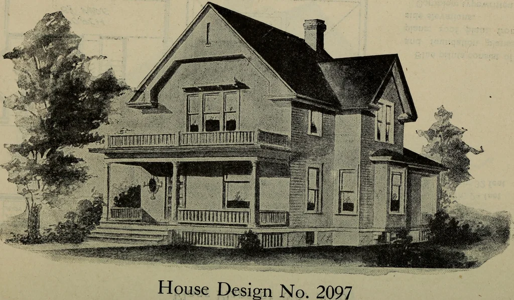 An illustration from Practical bungalows and cottages for town and country, perspective views and floor plans for three hundred low and medium priced houses and bungalows .., 1916, leaf 435