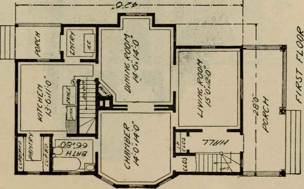 An illustration from Practical bungalows and cottages for town and country, perspective views and floor plans for three hundred low and medium priced houses and bungalows .., 1916, leaf 436