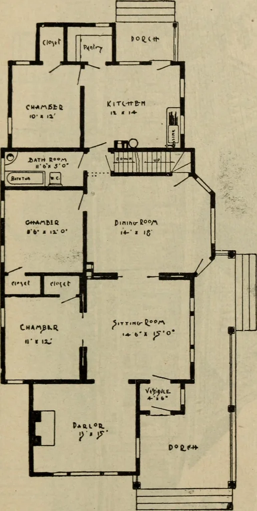 An illustration from Practical bungalows and cottages for town and country, perspective views and floor plans for three hundred low and medium priced houses and bungalows .., 1916, leaf 44