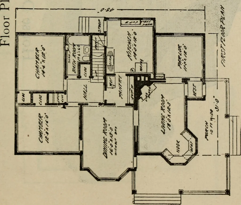 An illustration from Practical bungalows and cottages for town and country, perspective views and floor plans for three hundred low and medium priced houses and bungalows .., 1916, leaf 440