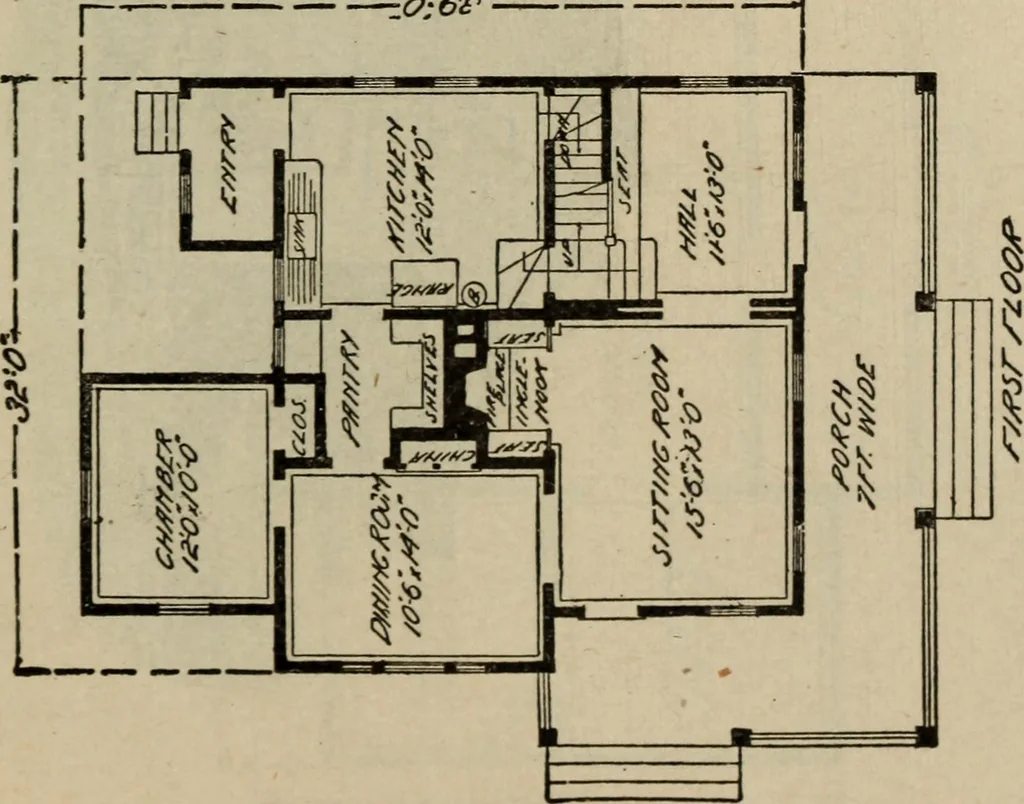 An illustration from Practical bungalows and cottages for town and country, perspective views and floor plans for three hundred low and medium priced houses and bungalows .., 1916, leaf 442