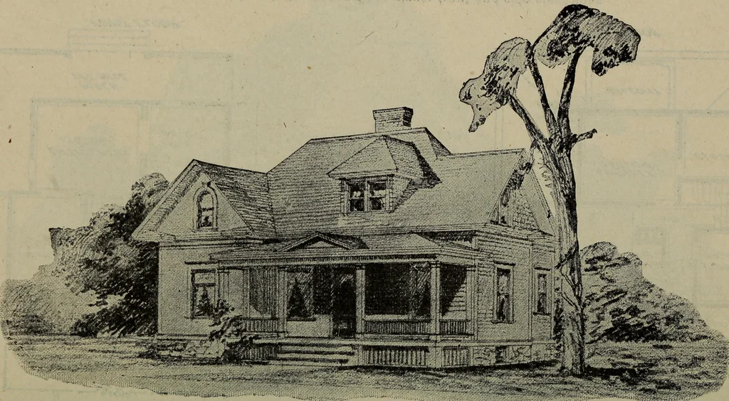 An illustration from Practical bungalows and cottages for town and country, perspective views and floor plans for three hundred low and medium priced houses and bungalows .., 1916, leaf 443