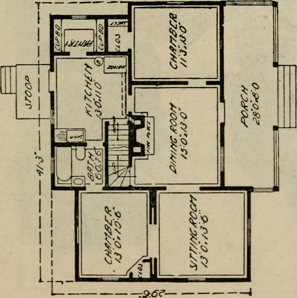 An illustration from Practical bungalows and cottages for town and country, perspective views and floor plans for three hundred low and medium priced houses and bungalows .., 1916, leaf 444