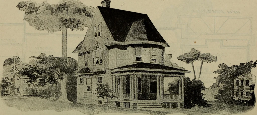 An illustration from Practical bungalows and cottages for town and country, perspective views and floor plans for three hundred low and medium priced houses and bungalows .., 1916, leaf 445