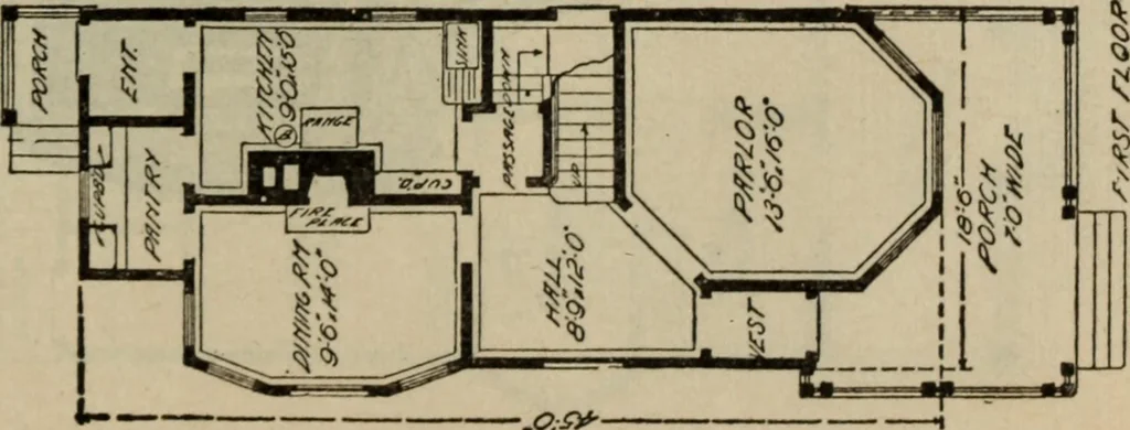 An illustration from Practical bungalows and cottages for town and country, perspective views and floor plans for three hundred low and medium priced houses and bungalows .., 1916, leaf 446