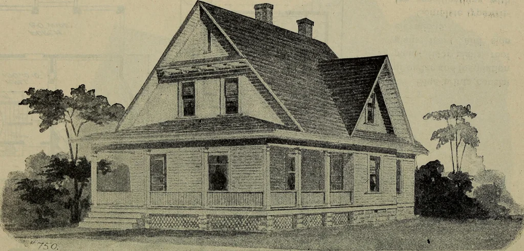 An illustration from Practical bungalows and cottages for town and country, perspective views and floor plans for three hundred low and medium priced houses and bungalows .., 1916, leaf 449