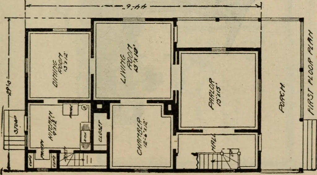 An illustration from Practical bungalows and cottages for town and country, perspective views and floor plans for three hundred low and medium priced houses and bungalows .., 1916, leaf 450