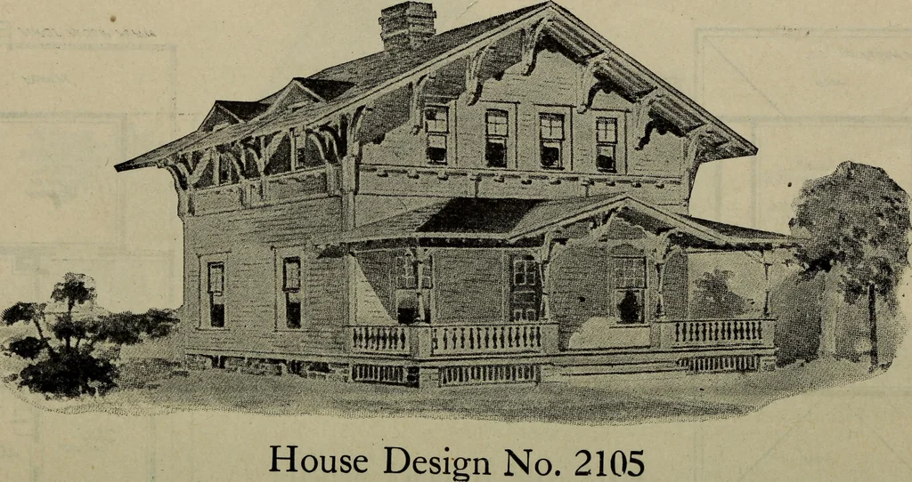 An illustration from Practical bungalows and cottages for town and country, perspective views and floor plans for three hundred low and medium priced houses and bungalows .., 1916, leaf 451