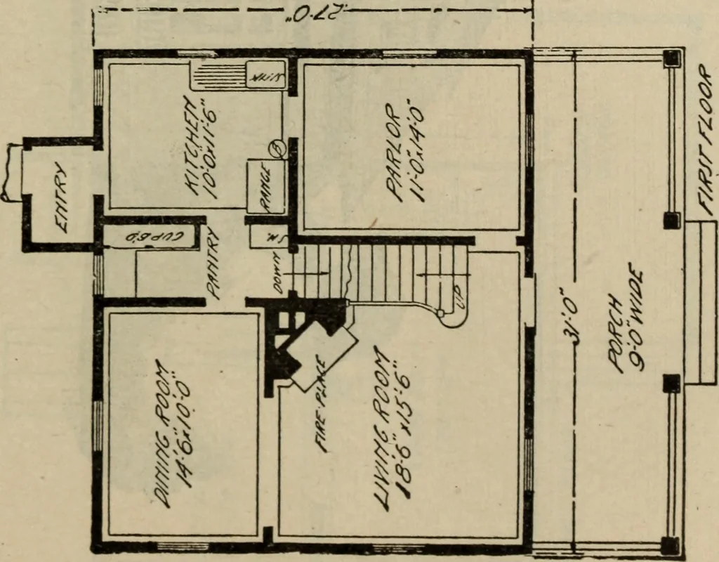 An illustration from Practical bungalows and cottages for town and country, perspective views and floor plans for three hundred low and medium priced houses and bungalows .., 1916, leaf 452