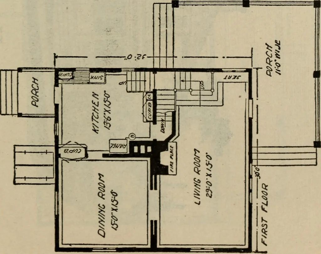 An illustration from Practical bungalows and cottages for town and country, perspective views and floor plans for three hundred low and medium priced houses and bungalows .., 1916, leaf 454