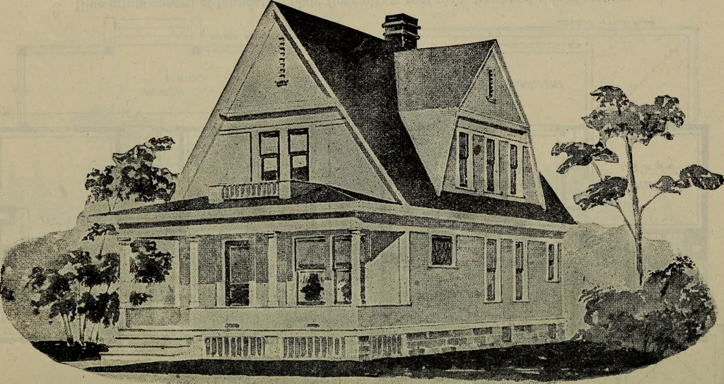 An illustration from Practical bungalows and cottages for town and country, perspective views and floor plans for three hundred low and medium priced houses and bungalows .., 1916, leaf 457