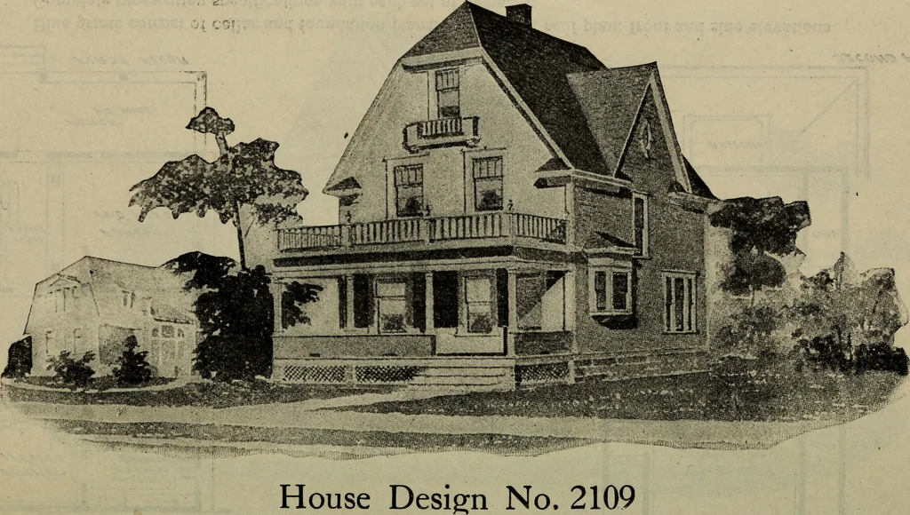 An illustration from Practical bungalows and cottages for town and country, perspective views and floor plans for three hundred low and medium priced houses and bungalows .., 1916, leaf 459