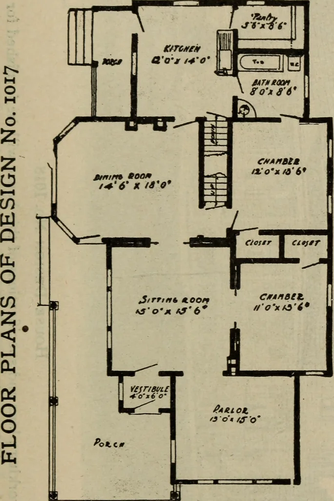 An illustration from Practical bungalows and cottages for town and country, perspective views and floor plans for three hundred low and medium priced houses and bungalows .., 1916, leaf 46