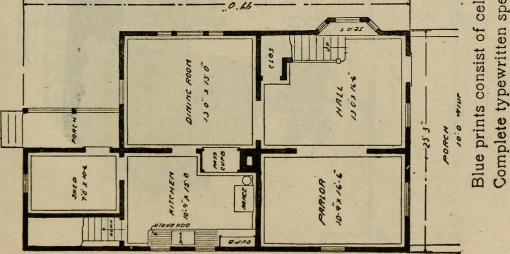 An illustration from Practical bungalows and cottages for town and country, perspective views and floor plans for three hundred low and medium priced houses and bungalows .., 1916, leaf 460