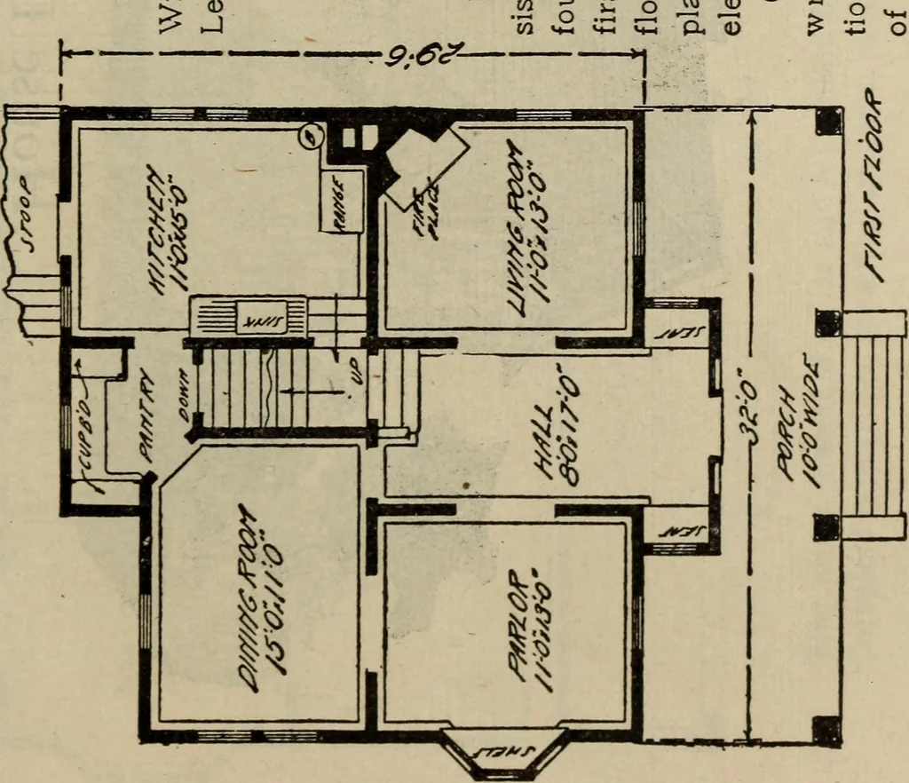 An illustration from Practical bungalows and cottages for town and country, perspective views and floor plans for three hundred low and medium priced houses and bungalows .., 1916, leaf 464