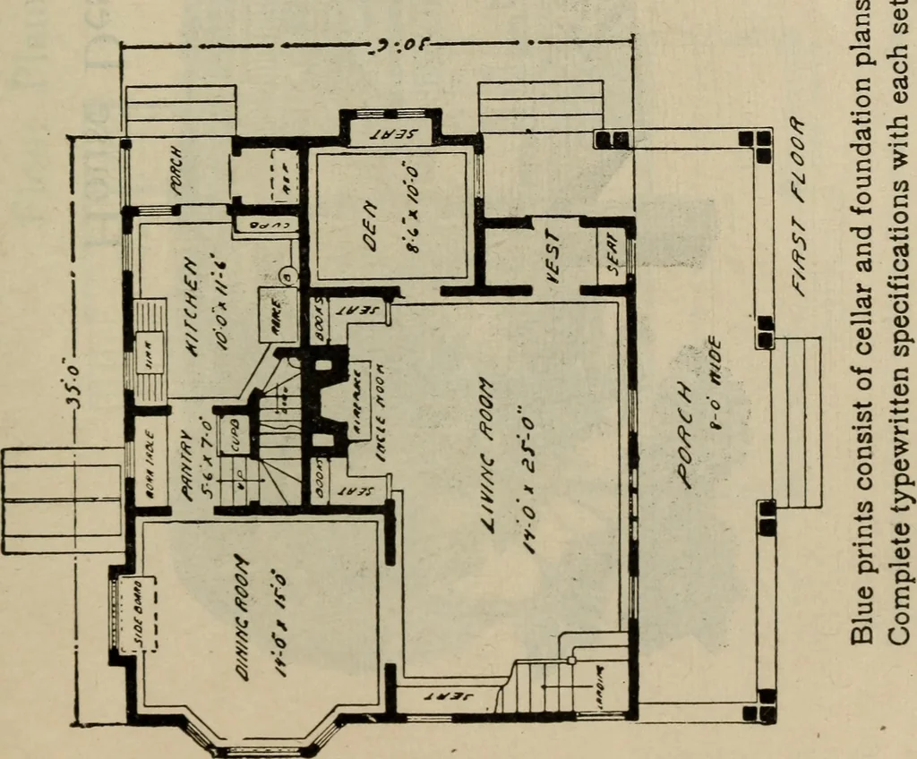 An illustration from Practical bungalows and cottages for town and country, perspective views and floor plans for three hundred low and medium priced houses and bungalows .., 1916, leaf 466