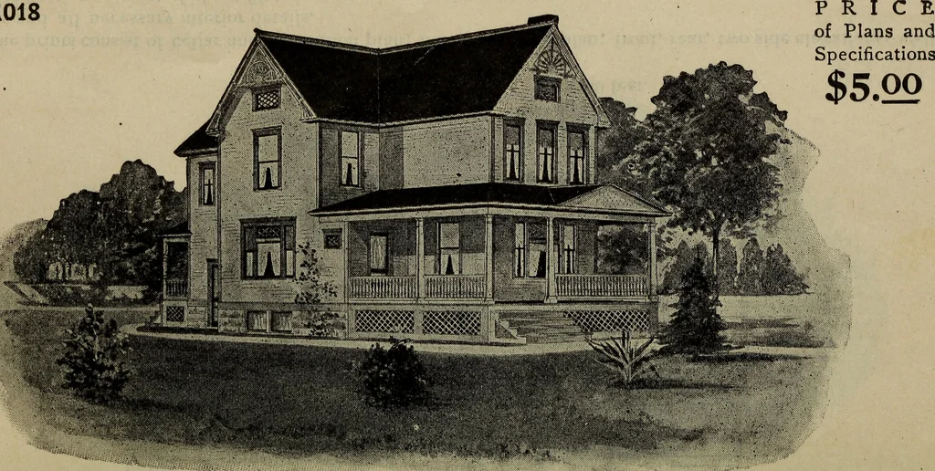 An illustration from Practical bungalows and cottages for town and country, perspective views and floor plans for three hundred low and medium priced houses and bungalows .., 1916, leaf 47